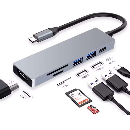 互換性のある 6-in-1 マルチポート USB-C ハブ - HDMI アダプター。  Type-C - USB 3.0 SD TF カード リーダー アダプター